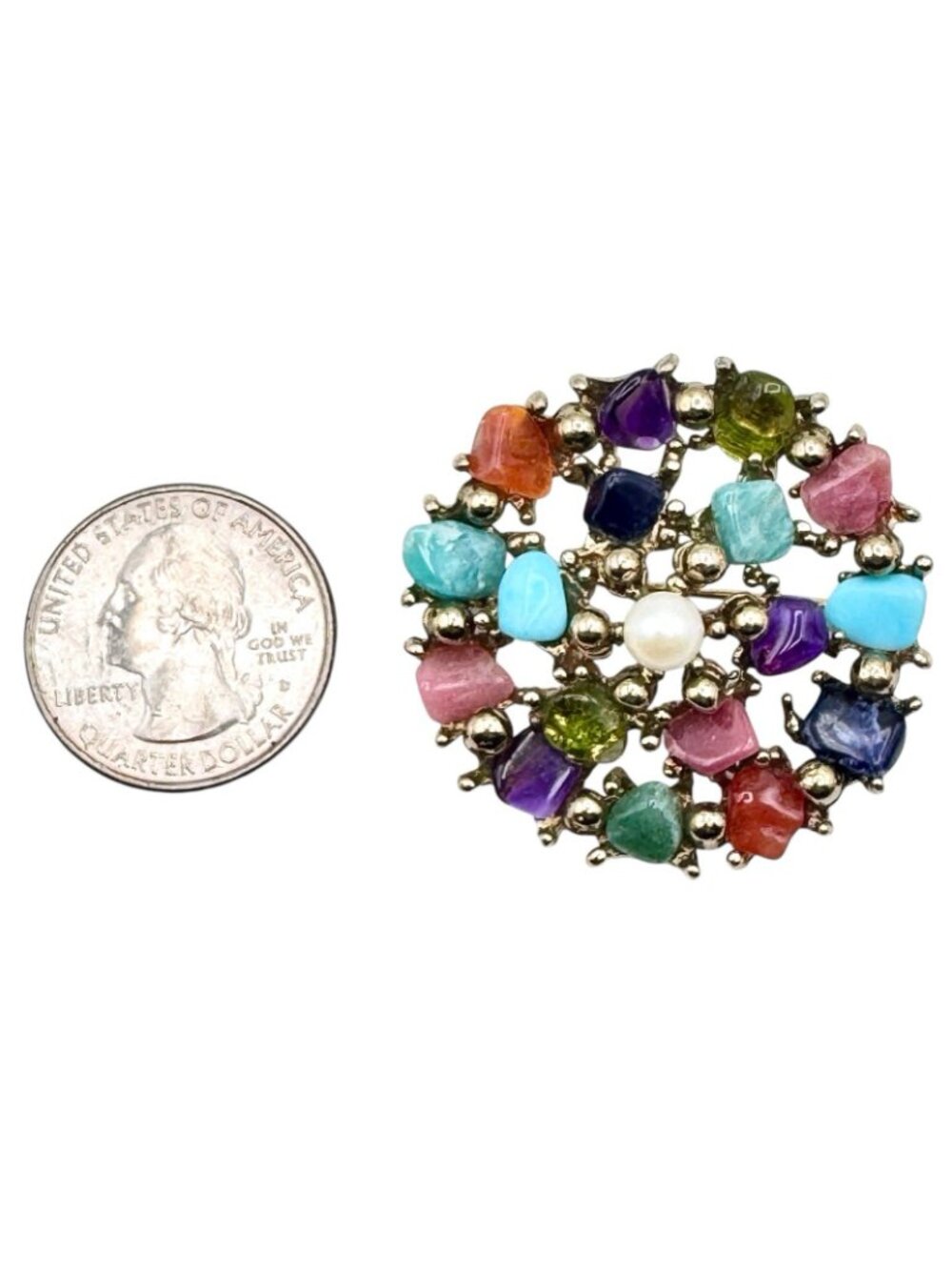 Vintage Multicolor Gemstone Chip Cluster Brooch 70s BOHO Gold Tone Cast Setting - Picture 4 of 16